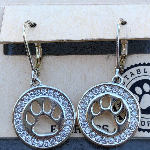 Pet Friends Dog Paw Print Gold Tone Faux Diamond Drop Earrings - Picture 5 of 5